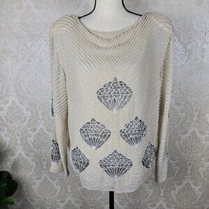 Jewel Queen Sz Med Beaded Sequin Evening Top Cream Silver Seashell Pattern Silk
